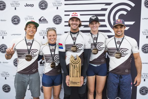 Team World, with members Kanoa Igarashi (JPN), Paige Hareb (NZ), Bianca Buitendag (ZAF), Michel Bourez (PYF) and captained by Jordy Smith (ZAF) won the innagural WSL Founders Cup of Surfing at the WSL Surf Ranch in Lemoore, CA, USA. Photo: WSL/Cestari