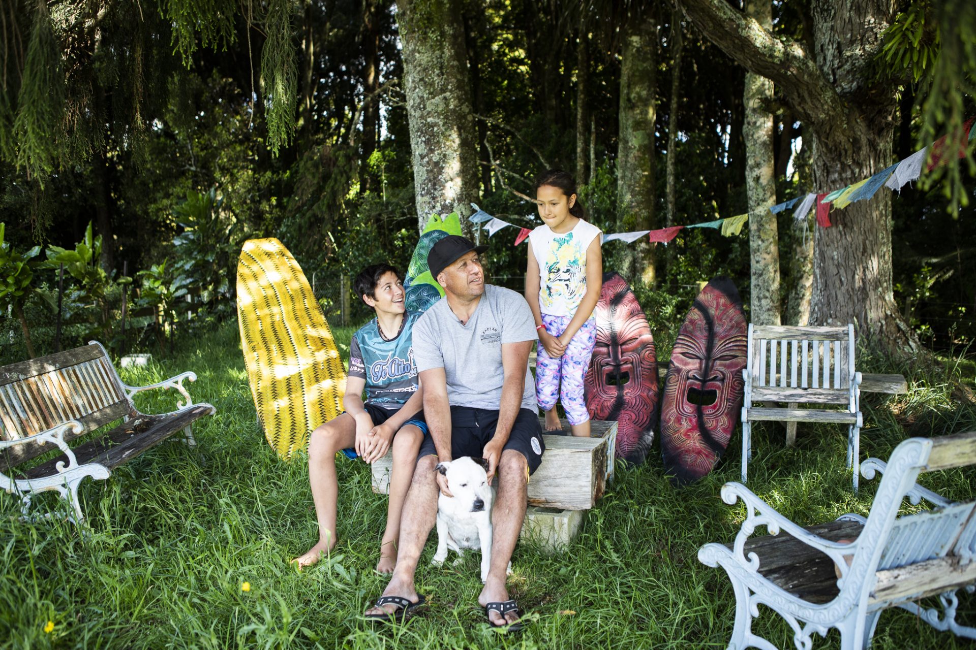 Aaron Kereopa with his two children at their family home near Raglan, New Zealand. Photo: Derek Morrison