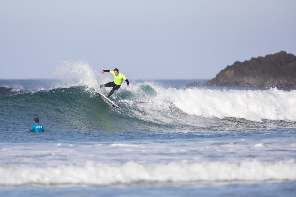 Damian Phillips on his way to third place in the Over 30s at the 2019 Emerson's Brewery South Island Surfing Championships held at St Clair, Dunedin, New Zealand. Photo: Derek Morrison