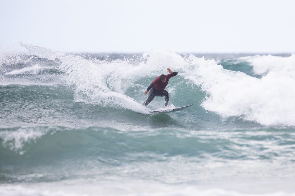 Over 30s finalist Dane Robertson buries the rail during the 2019 Emerson's Brewery South Island Surfing Championships held at St Clair, Dunedin, New Zealand. Photo: Derek Morrison