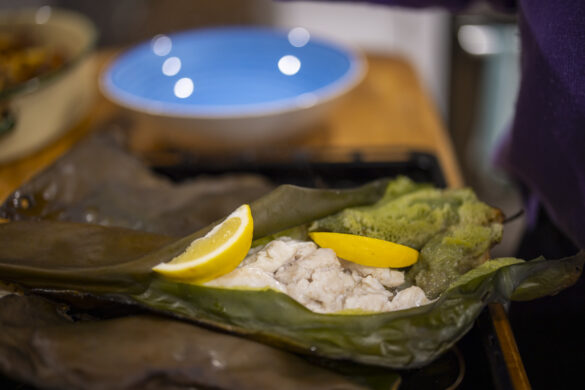 Blue cod cooked in kelp cooking pouches. 