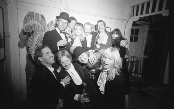 Mel Brooks' silent movie pre-exhibition in Dunedin with (left back): Dave Crooks, Austin Osbourne, Robin and Bill Cleland, John Hodge (Dunedin's prenier drummer, Lee Hodge, (front row) Pat ONeill, Jock Benfell, Hillary and Carsey. Photo: Pat O'Neill