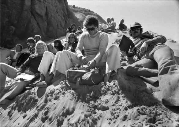 The judges' perch at a surf contest at Sandfly Bay in 1974. Photo: Lloyd Godman